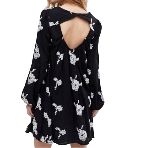 Free People Emma Austin Swing Trapeze Dress Black Embroidered Long Sleeve Size S - Picture 4 of 16